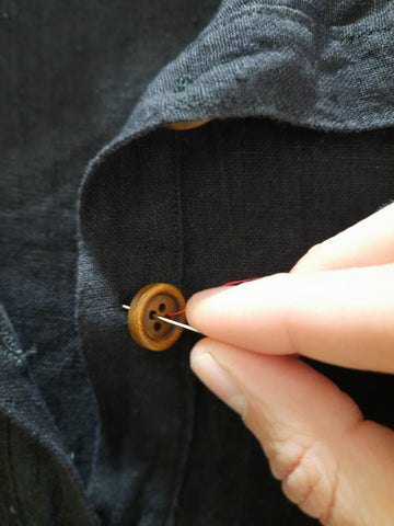 Threading needle from underside of fabric through a buttonhole