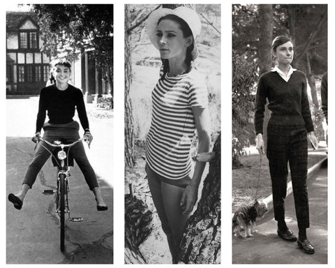 Collage of Audrey Hepburn in shirt and pants