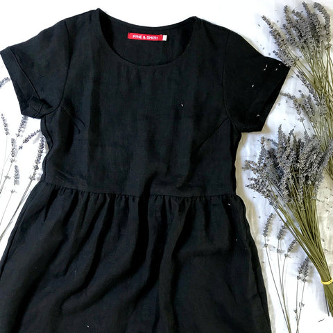 black linen dress with lavendar