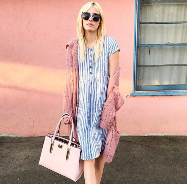 Pyne & Smith striped linen dress styled with a bag and cardigan