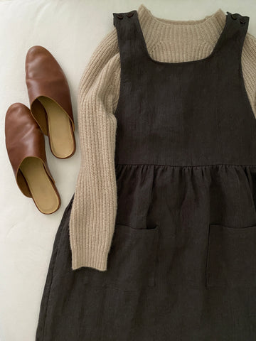 Model No.32 Pinafore in Graphite Grey Linen with wool sweater and leather slides