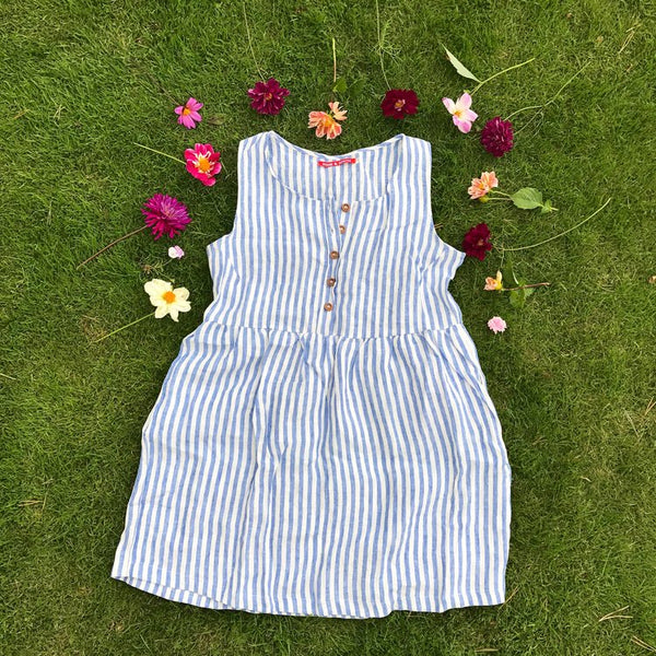 Striped cool and comfortable linen dress with flowers by California clothing designer Pyne & smith