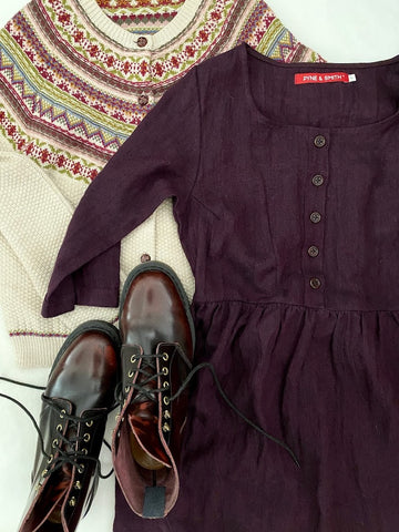 Pyne and Smith Model No. 12 Cassis linen dress with Icelandic sweater and lace up boots