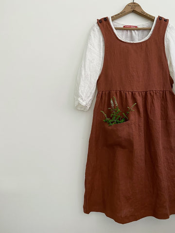 Pyne & Smith linen pinafore dress over a white linen blouse