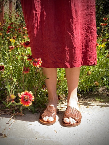 Pyne and Smith linen dress styled with woven leather sandals