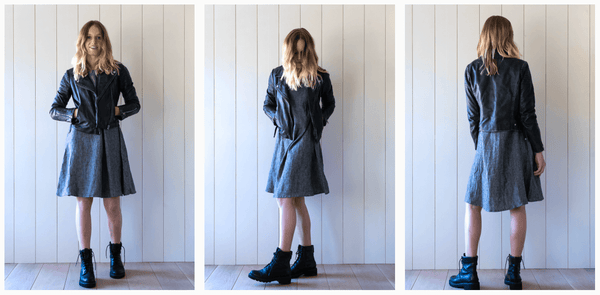 Linen swingy dress styled with black biker jacket and boots