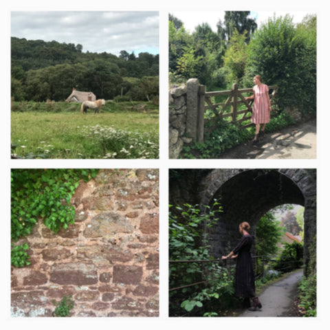 Linen dress horse in field and old wall montage