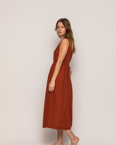 Pyne & Smith No. 26 in Devon Red full length linen dress with pockets