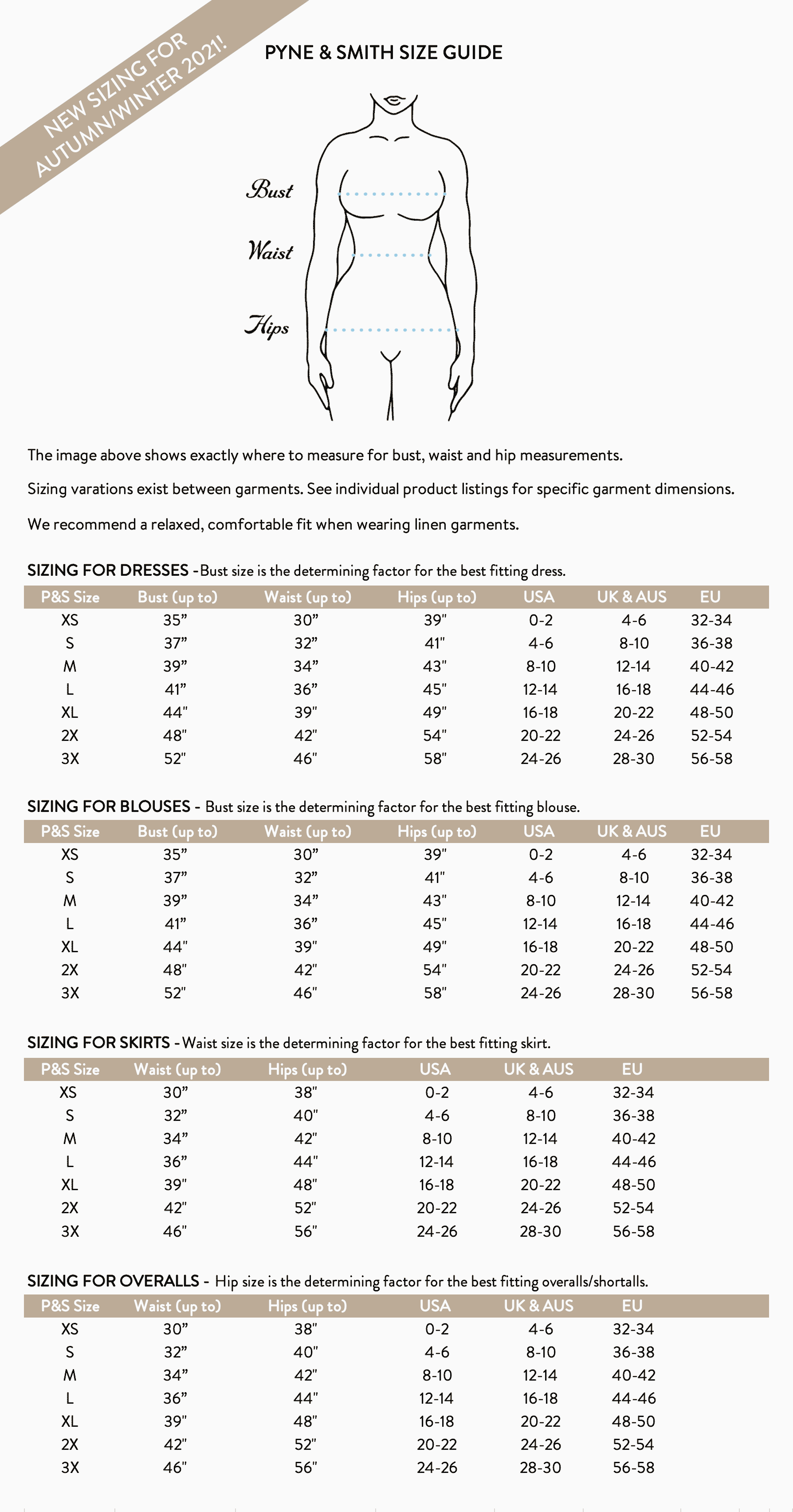 New sizing chart for AW 2021