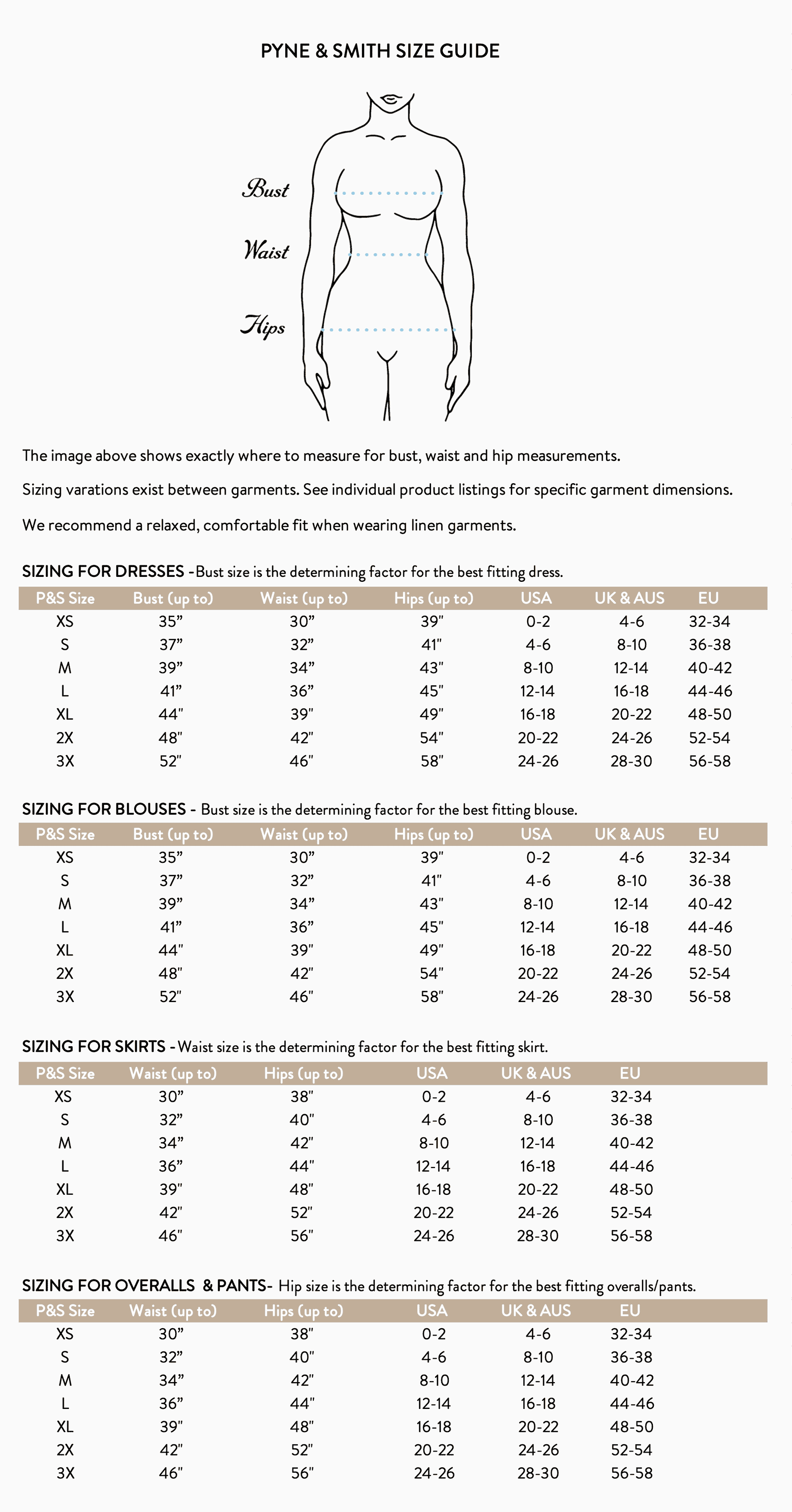 Pyne and Smith size guide