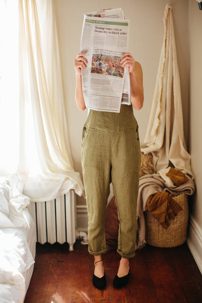 Pyne & Smith breathable linen overalls styled with loafers
