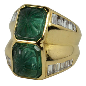 Carved Emerald Diamond 18K Yellow Gold Ring