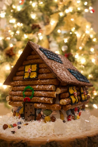 Gingerbread cottage made from pretzel rods