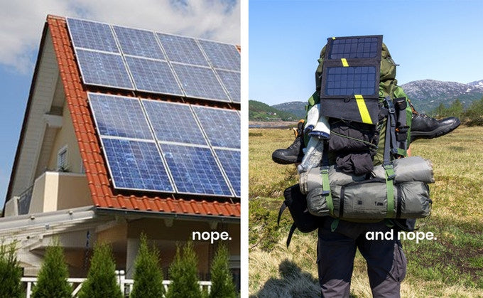 Grouphug Solar: a side by side photo of solar panels on a roof and camping backpack.