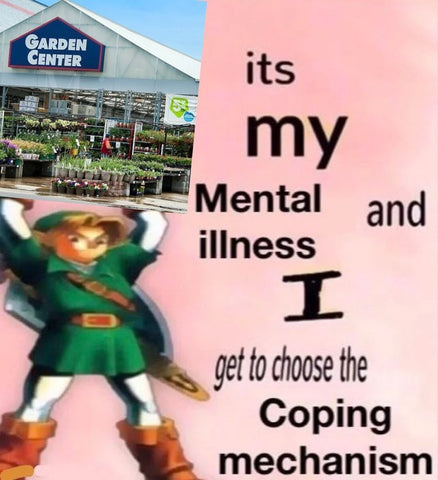 its my Mental illness and i get to choose the coping mechanism [Link holding an image of a Garden Center]
