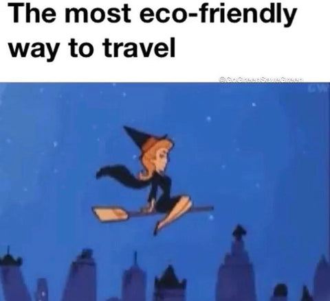 Samantha from Bewitched (cartoon) flying on a broom set against the night sky. Text: the most eco-friendly way to travel.