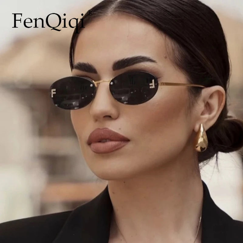Rimless Retro Oval Cat Eye Sunglasses