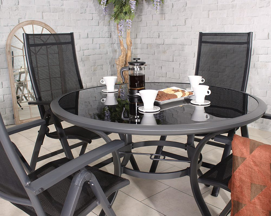 sorrento 6 seater black round deluxe recliner dining set