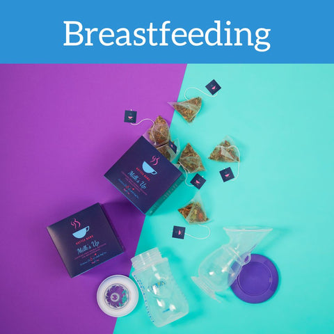 Milk's Up breastfeeding tea packs on purple and turquoise background with bottle and milk pump