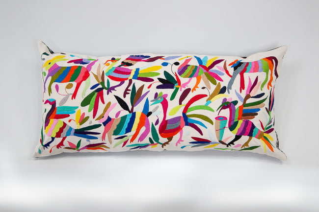 Otomi Hand-Embroidered Pillow with Guatemalan Fabric