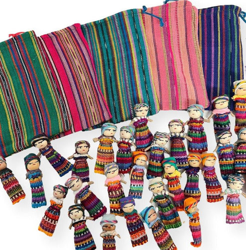 Set of 10 Guatemalan Handmade Worry Dolls With a Colourful Crafted Storage  Bag 