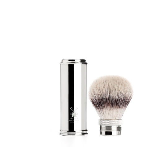 Pictured: The TRAVEL Chrome Silvertip Fibre shaving brush by MÜHLE