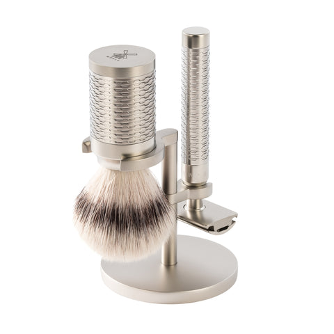 The MÜHLE Rocca Silvertip Fibre shaving Set in Stainless Steel