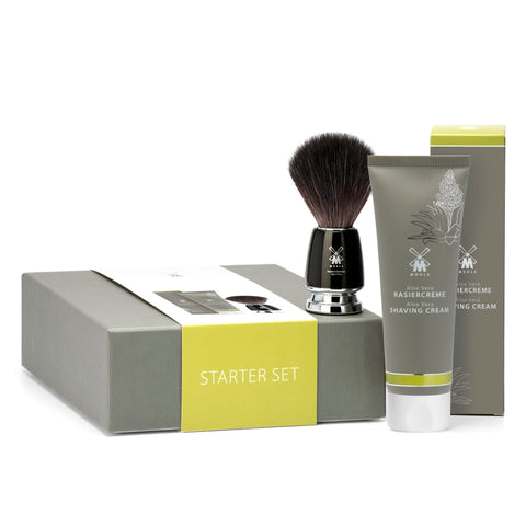 Pictured: The MÜHLE Starter Set including Black Fibre RYTMO Shaving Brush and Aloe Vera Shaving Cream