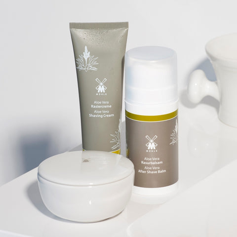 Pictured: The Aloe Vera Shaving Cream, Aftershave Balm and Shaving Soap in Bowl by MÜHLE