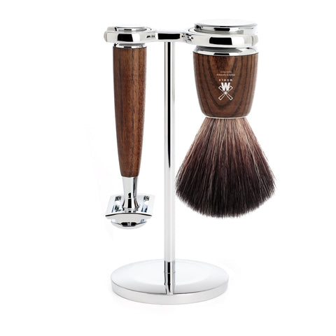 Pictured: The RYTMO Steamed Ash Black Fibre/ Safety Razor Shaving Set by MÜHLE