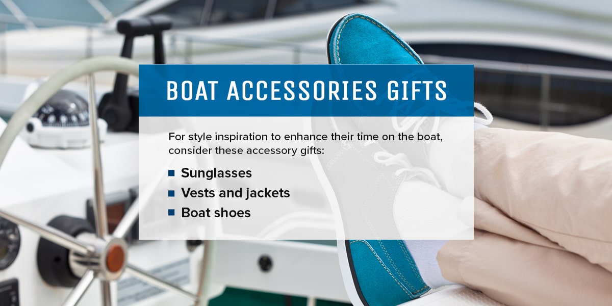 Boat accessory gifts include sunglasses, vests & jackets, and boat shoes