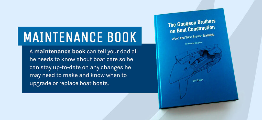 A graphic with the maintenance book titled The Gougeon Brothers on Boat Construction on it. The graphic says "A maintenance book can tell your dad all he needs to know about boat care so he can stay up-to-date on any changes he may need to make and know when to upgrade or replace boats."