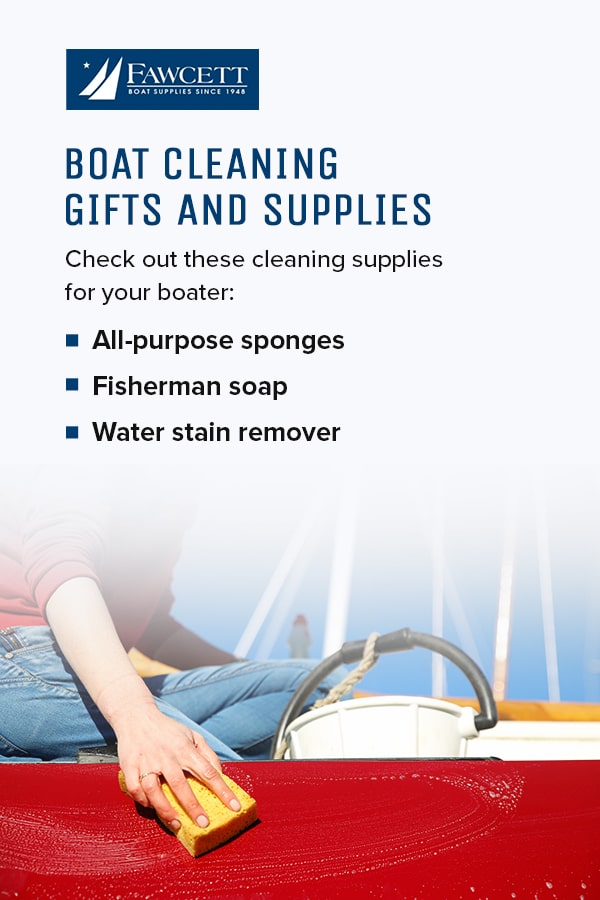 boat cleaning gifts and supplies include all-purpose sponges, fisherman soap, and water stain remover