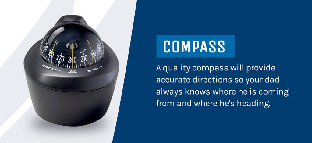 A graphic with a nautical compass on it that reads "A quality compass will provide accurate directions so your dad always knows where he is coming from and where he's heading."
