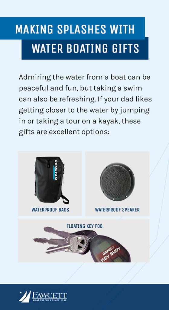 A graphic with images of a waterproof bag, a waterproof speaker, and a floating key fob on it that reads "Admiring the water from a boat can be peaceful and fun, but taking a swim can also be refreshing. If your dad likes getting closer to the water by jumping in or taking a tour on a kayak, these gifts are excellent options."