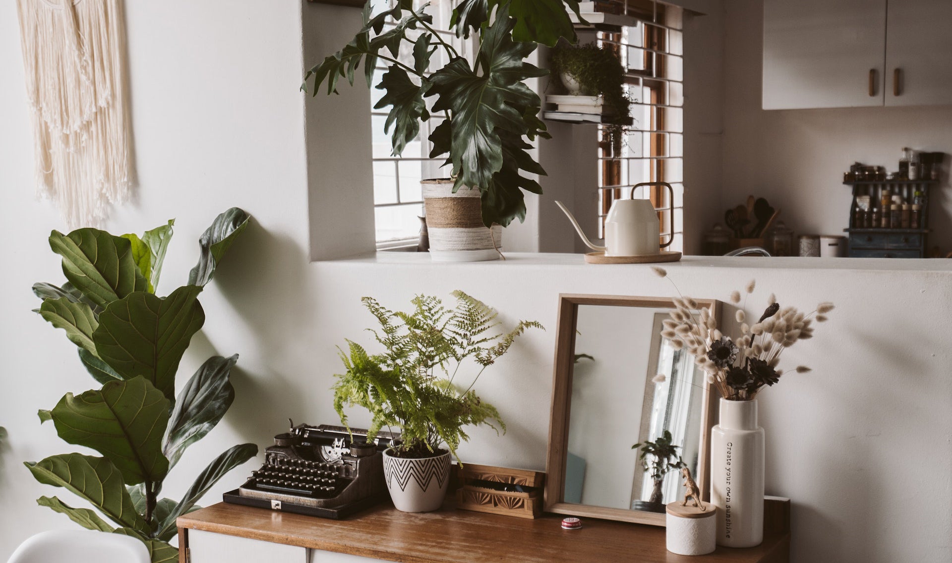 Photo of decor in living room. Plants, vase, typewriter sitting on wood table.
