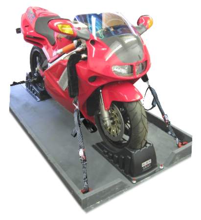 motorcycle secured for transport with tie-down straps snd wheel chocks