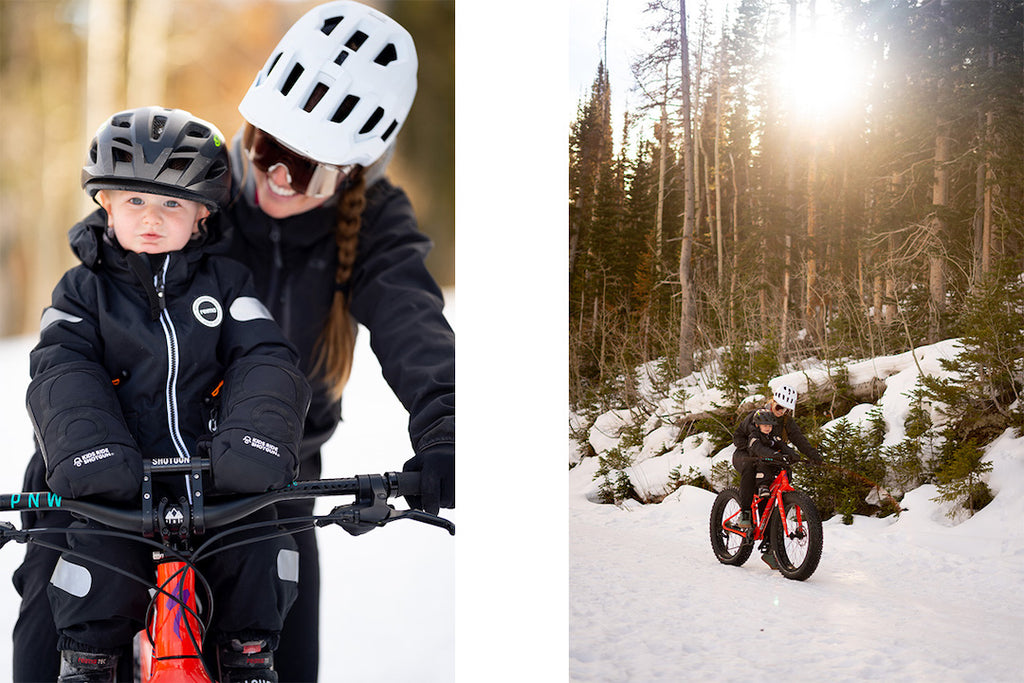 family fat biking in the snow