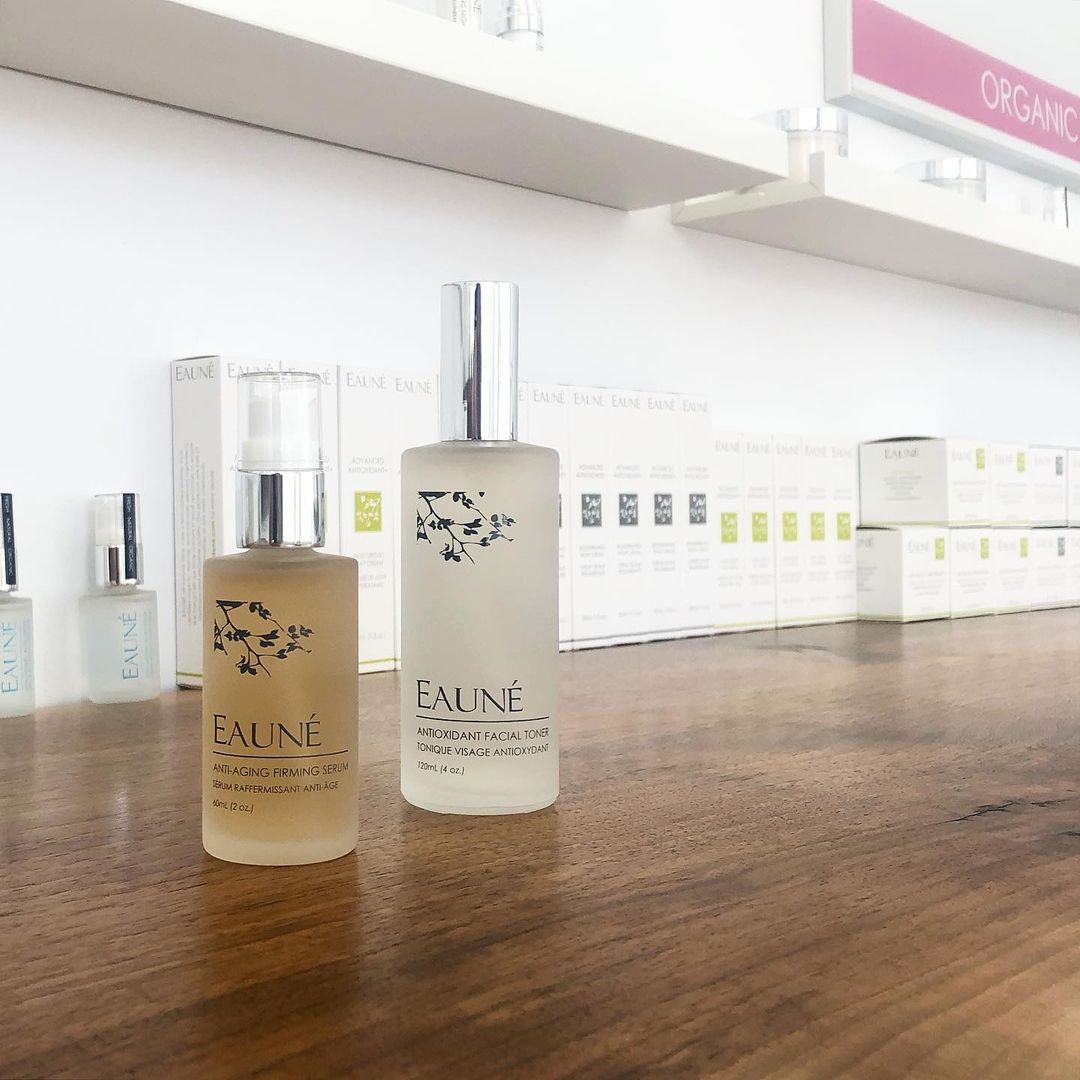 Anti-aging Firming Serum and Antioxidant Facial Toner on display at Eaune Natural Skin Care Studio in Toronto Canada