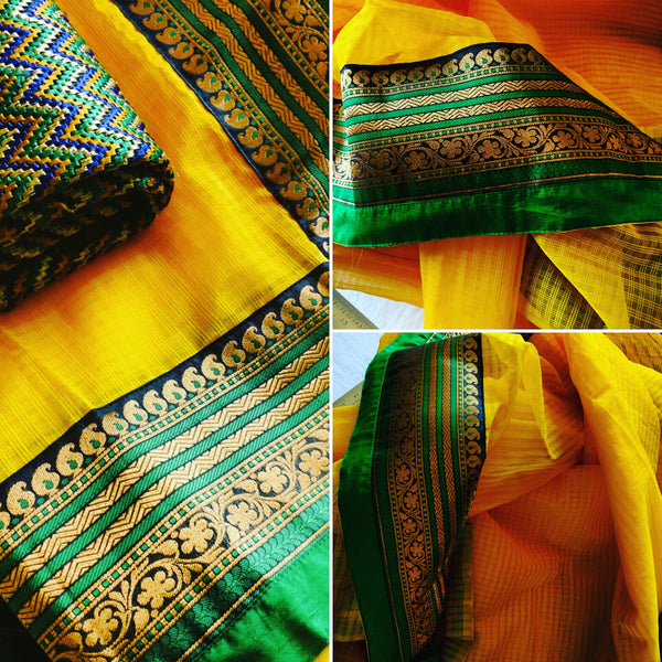 Handmade saree in yellow and green