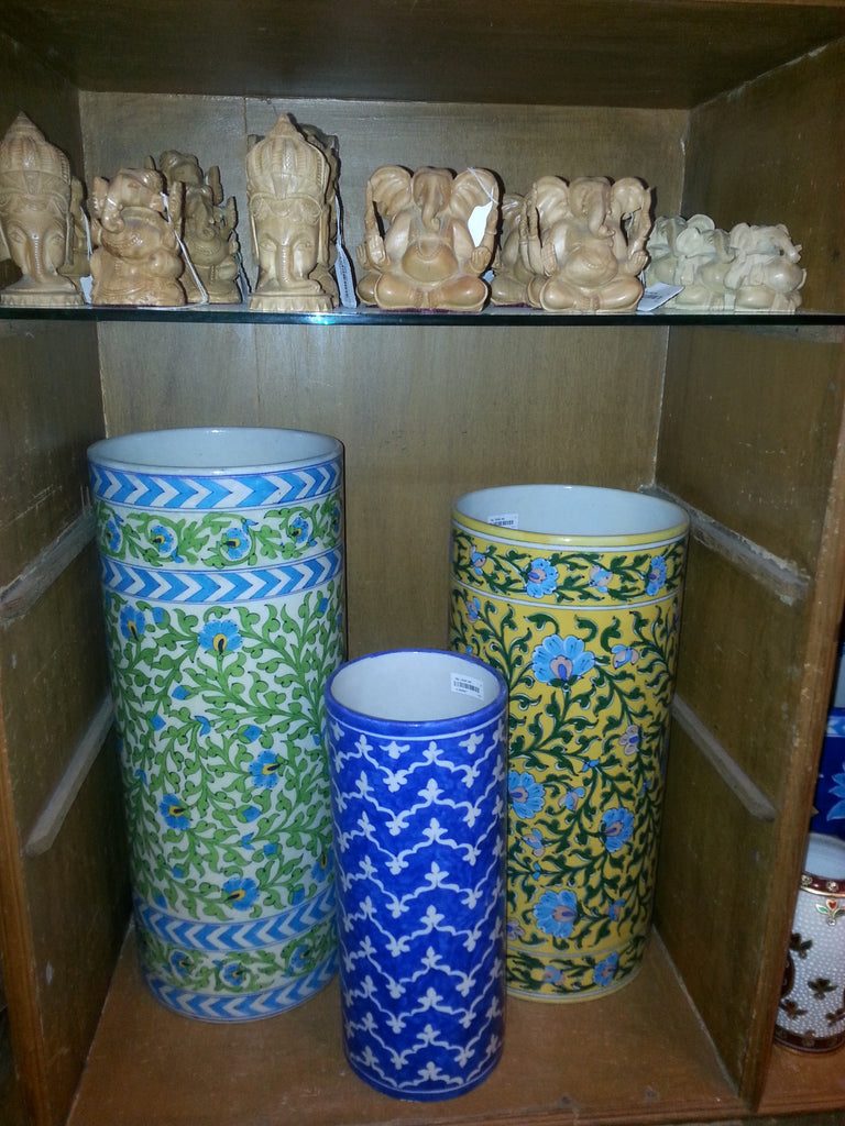 Handmade Blue Pottery on Display for Buyers