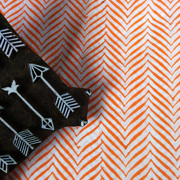 Orange and White Chevron Cotton Hand Block Printed Sangneri Fabric