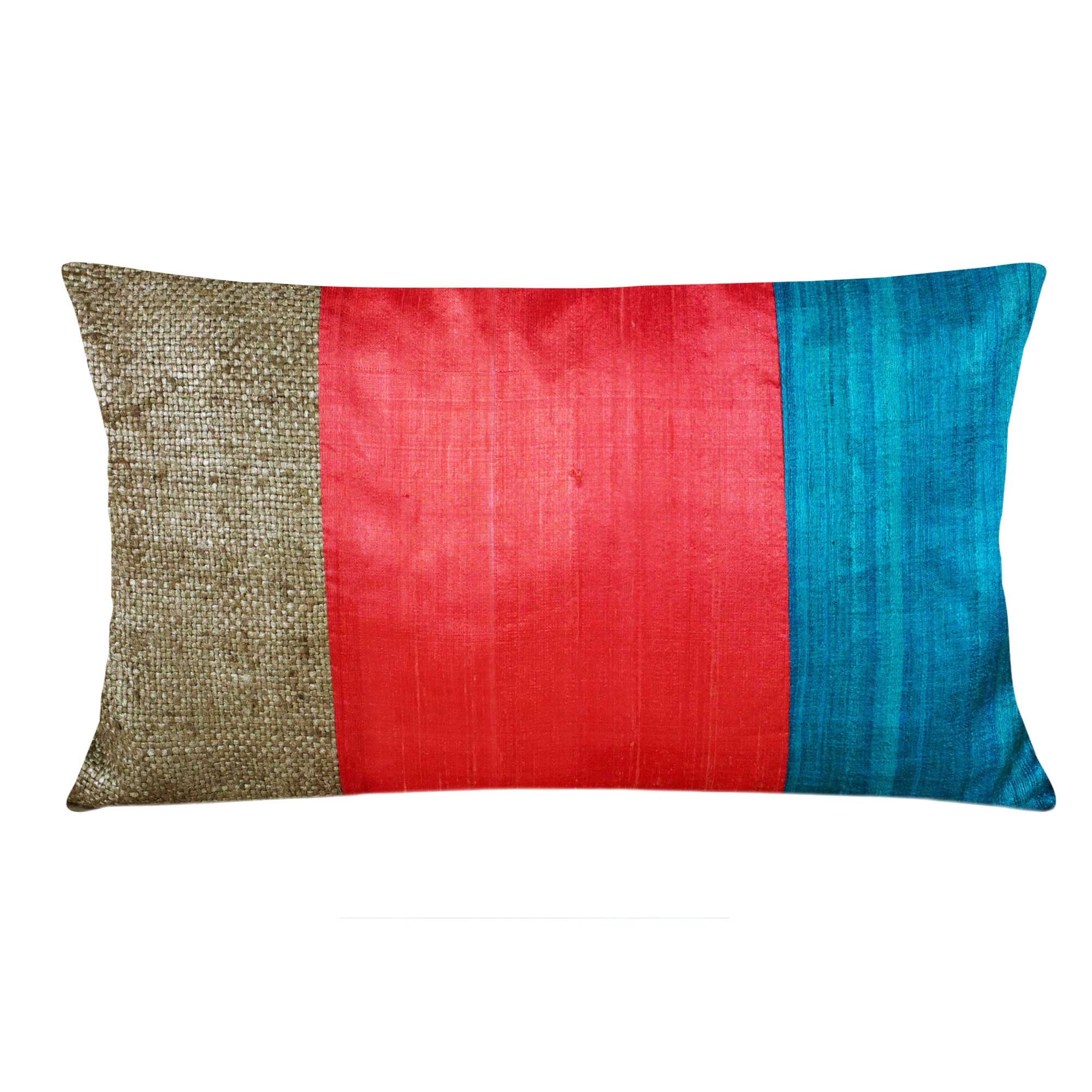 Coral and Teal Raw Silk Lumbar Pillow Cover – DesiCrafts