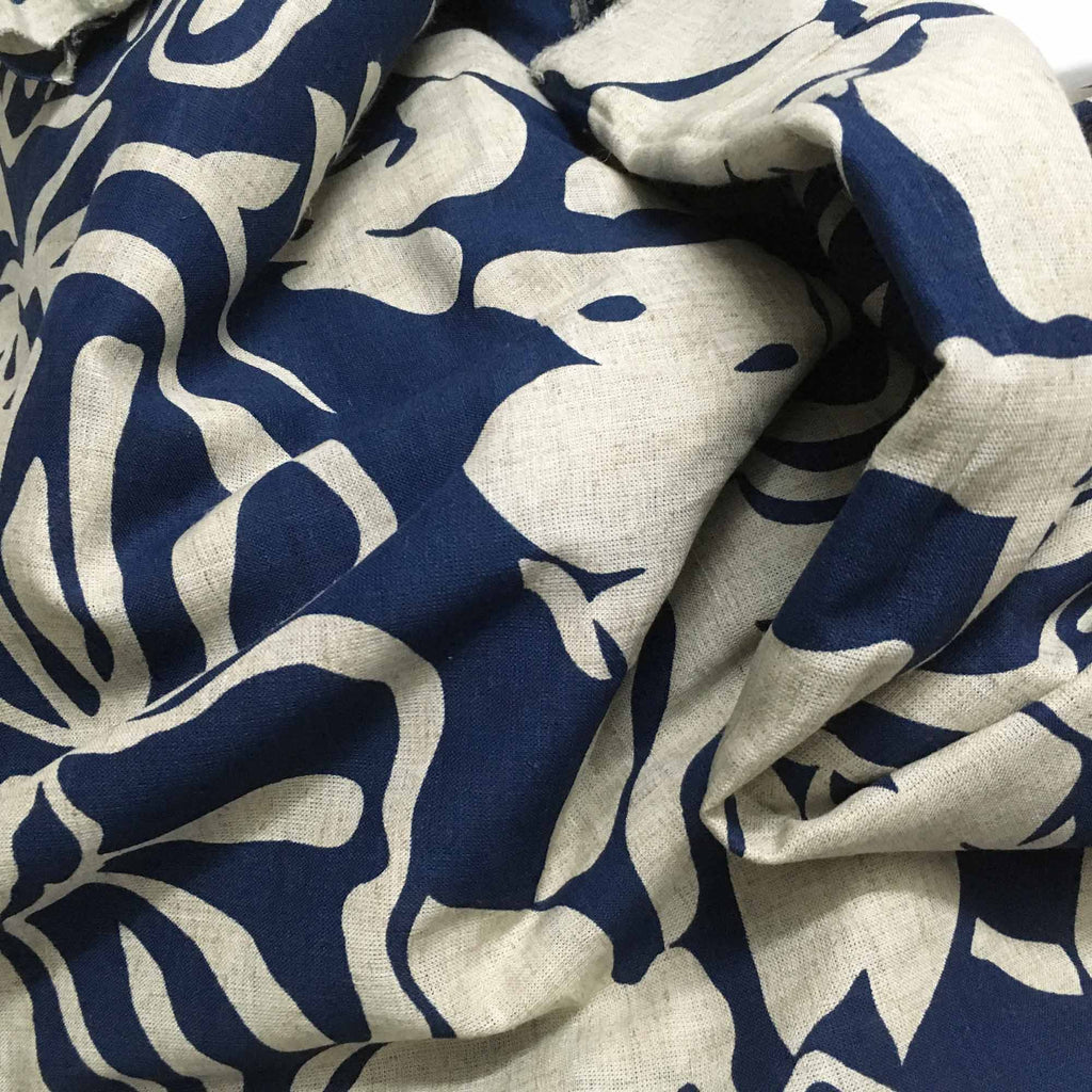 Printed Cobalt and Gray Linen Fabric By Yard, Upholstery Linen Fabric ...