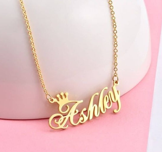 gold name necklace with crown