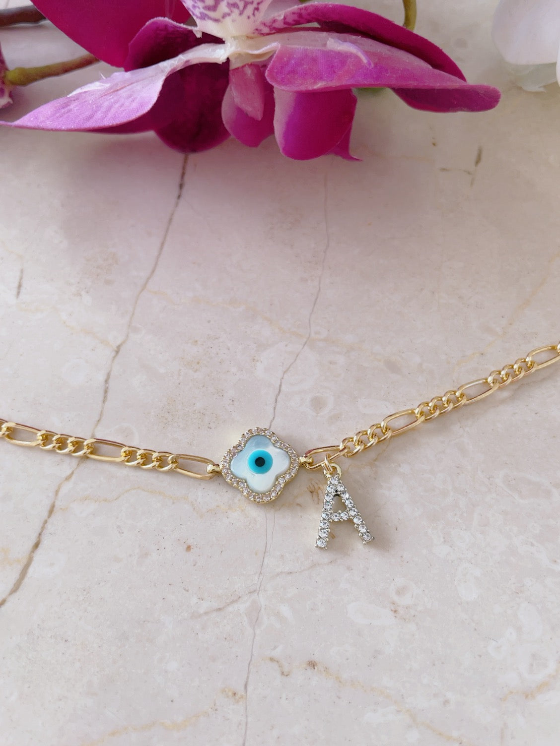 Evil Eye Letter A Bracelet 3.34 Grams - Personalised Kids Gold