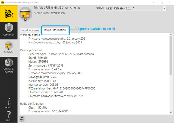 Trimble Installation Manager Device information tab