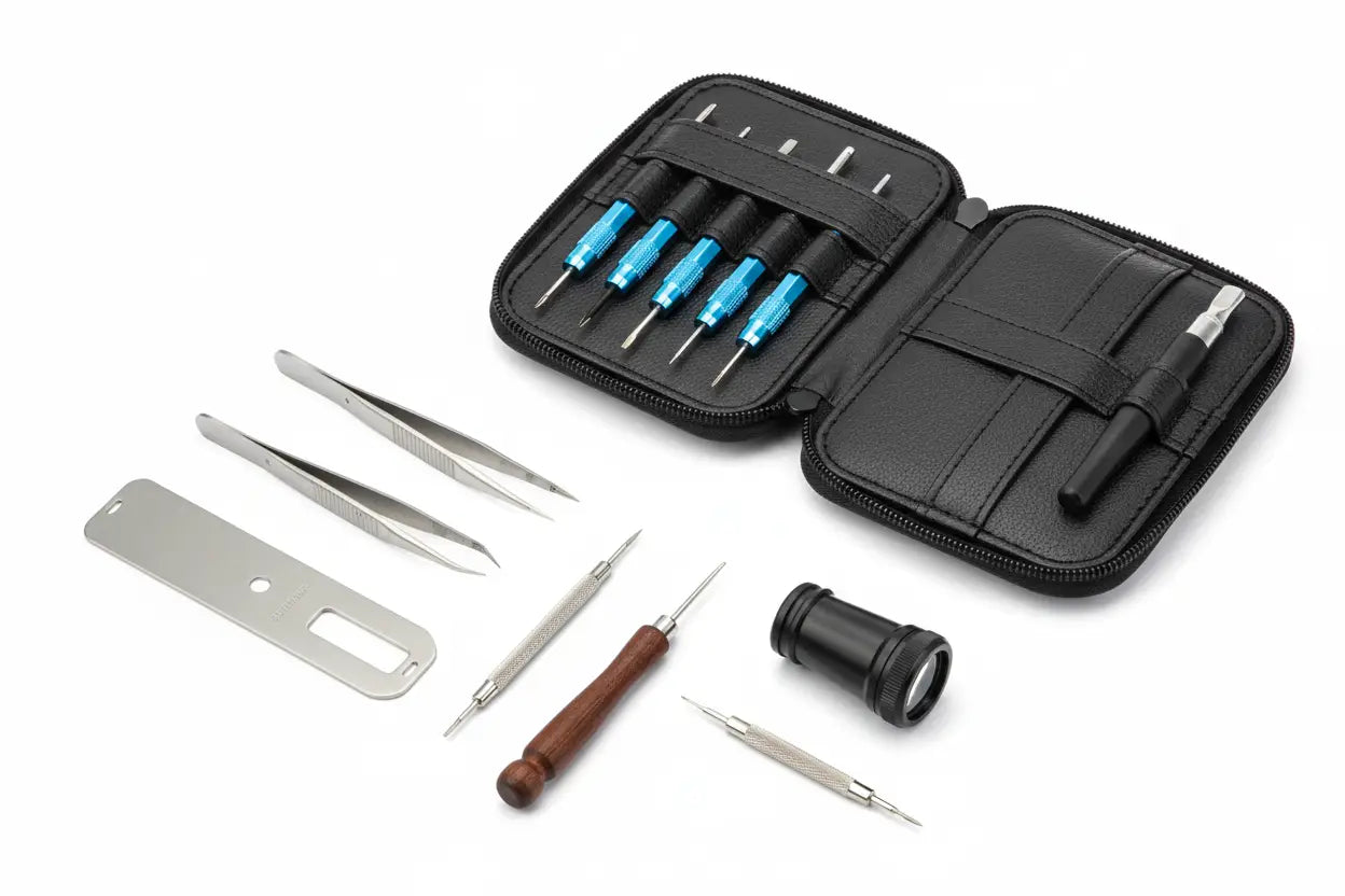 provide me an image showing watch tools and its case