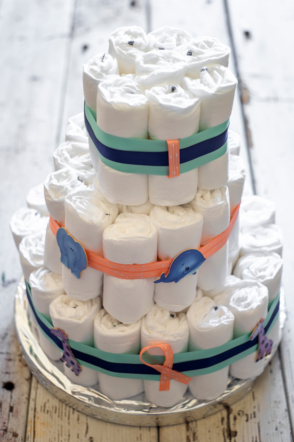 diaper cake made of diapers for baby shower