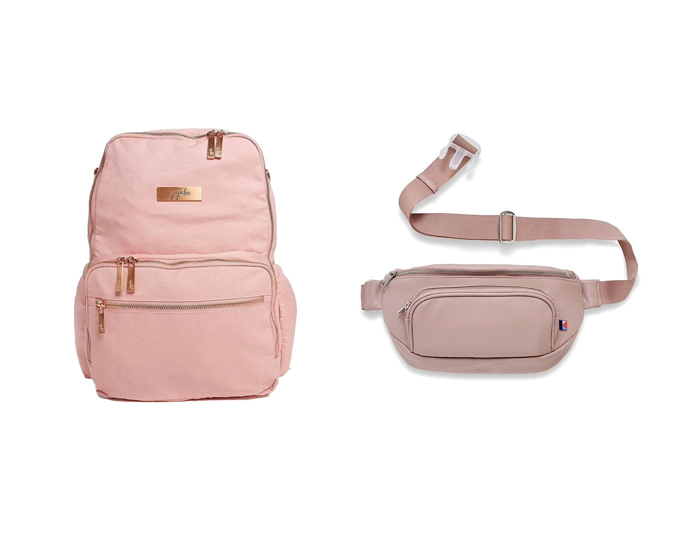 Kibou fanny pack diaper bag in blush and the JuJuBe Zealous Backpack Diaper Bag